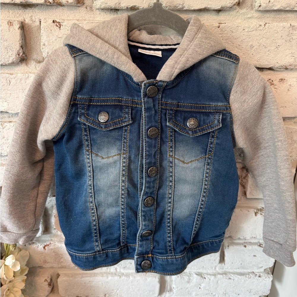 F&F Blue and Gray Jean Jacket with fleece Hood and sleeves